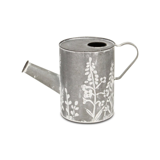 8" Gray And White Galvanized Metal Flowers Hand Painted Decorative Watering Can