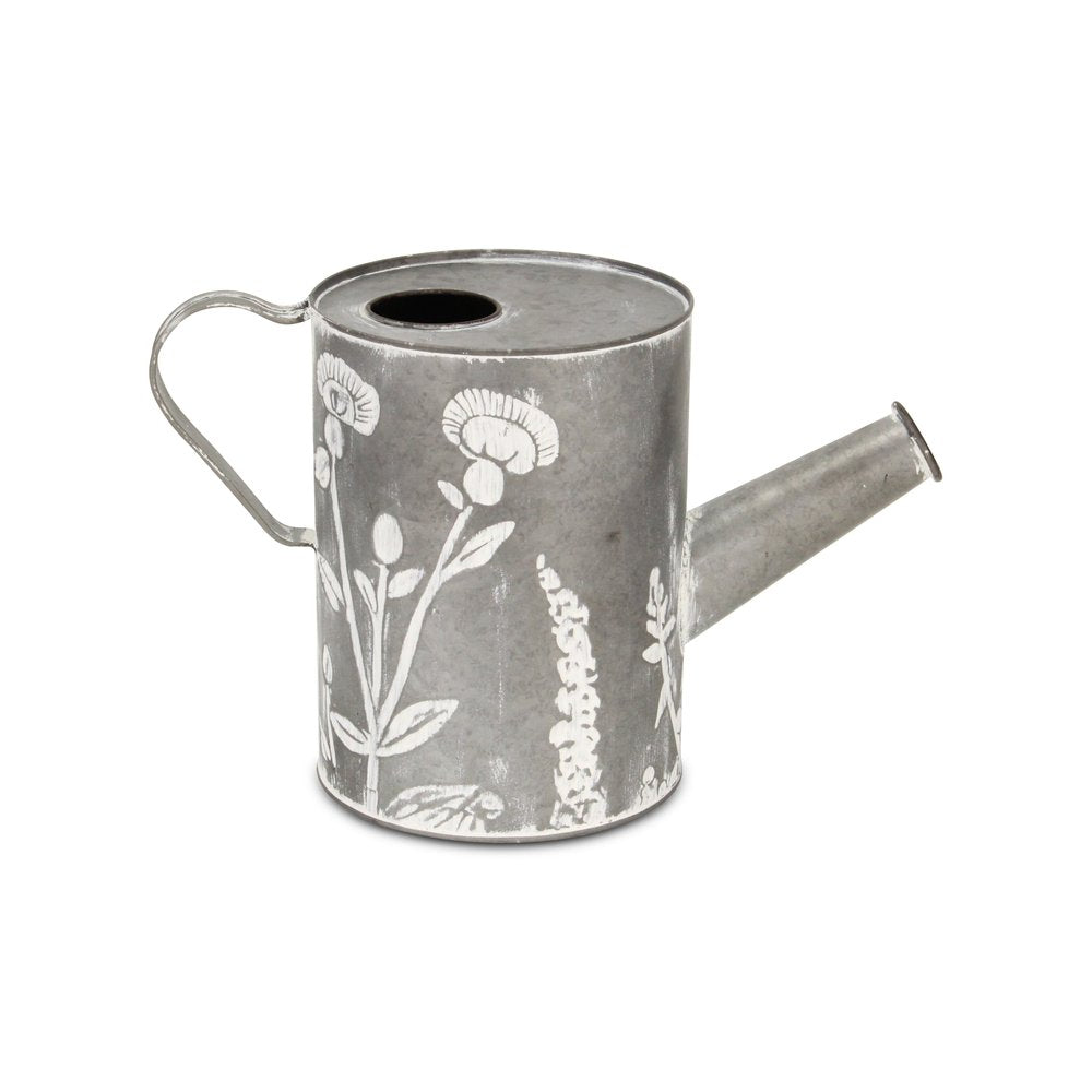 8" Gray Metal Flowers Hand Painted Decorative Canister