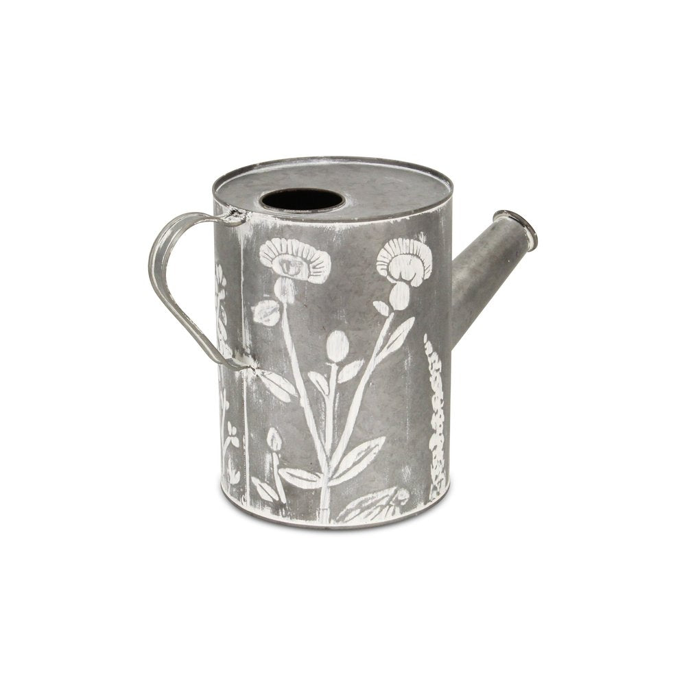 8" Gray Metal Flowers Hand Painted Decorative Canister