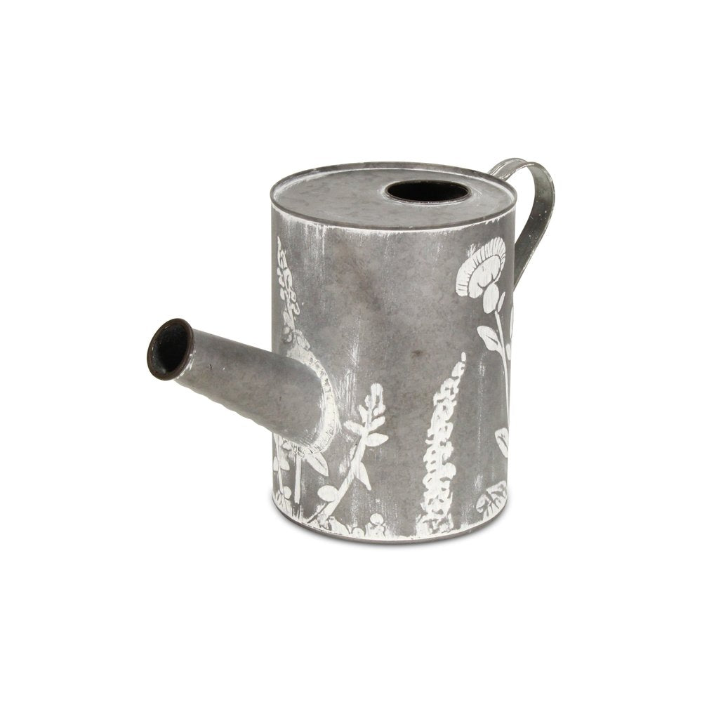 8" Gray Metal Flowers Hand Painted Decorative Canister