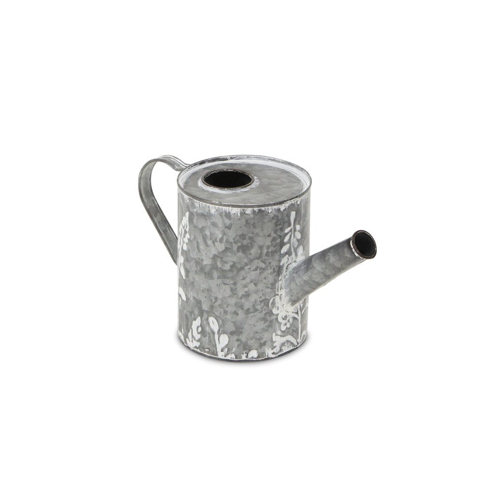 6" Gray And White Galvanized Metal Flowers Hand Painted Decorative Watering Can