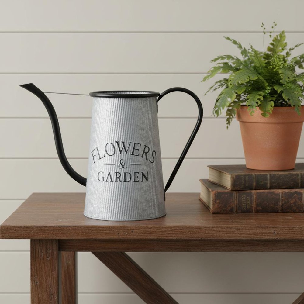 10" Black And Gray Galvanized Metal Flowers And Garden Decorative Watering Can