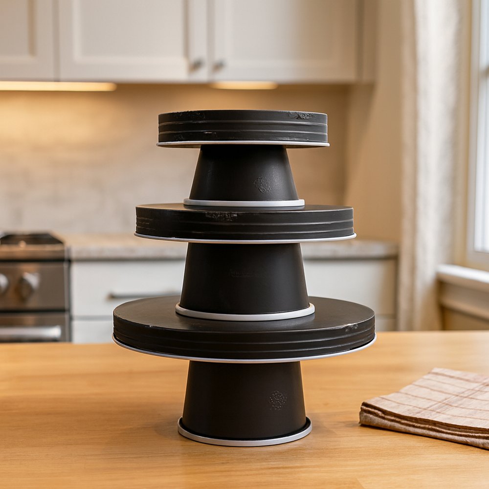 Set of Three Black And White Metal Round Cake Stand Risers