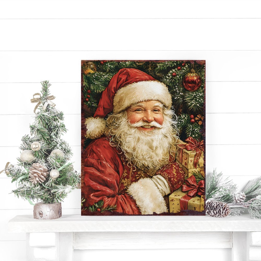 15" Red White And Green Wood Christmas Santa Tabletop Sign