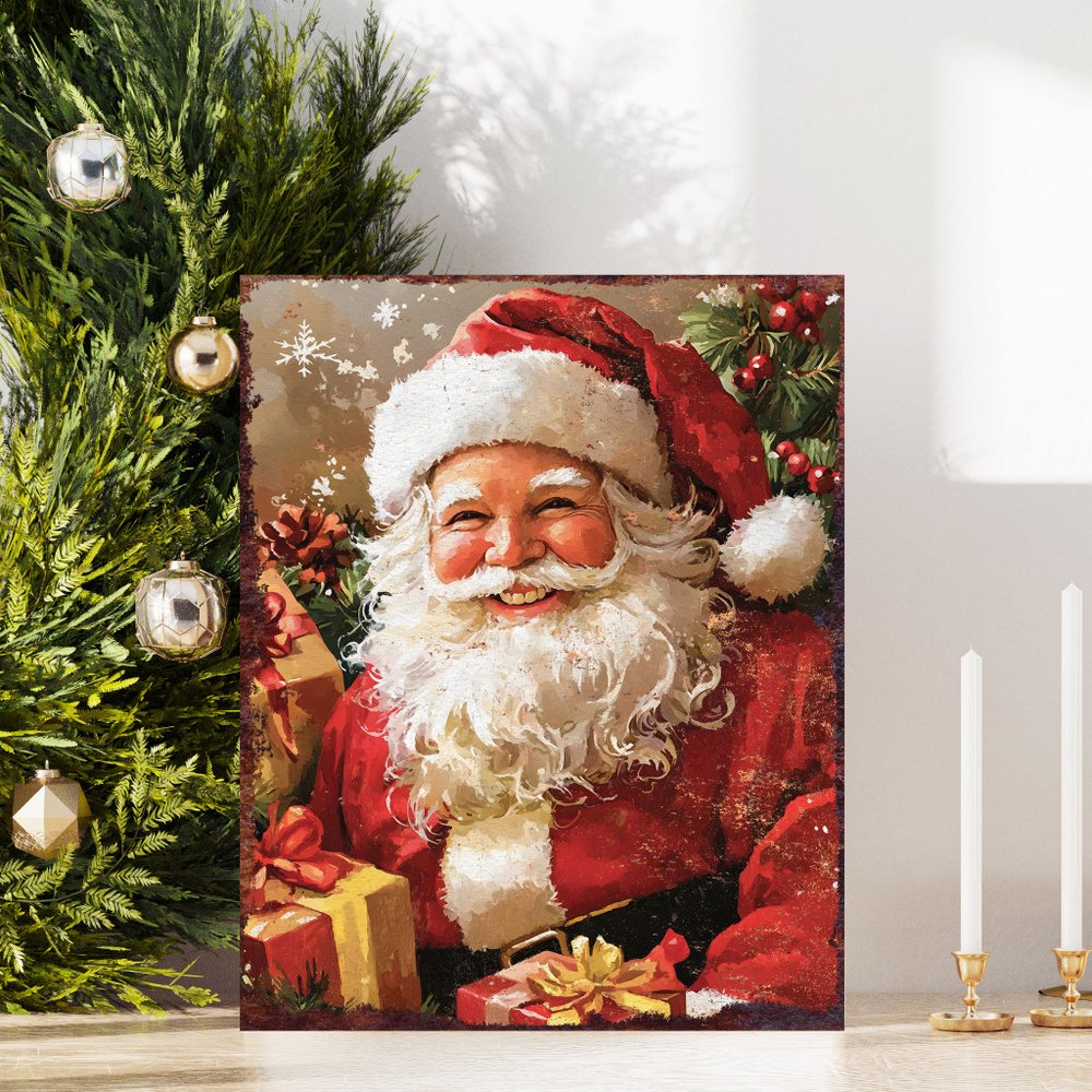 15" Red White And Green Wood Christmas Santa Tabletop Sign