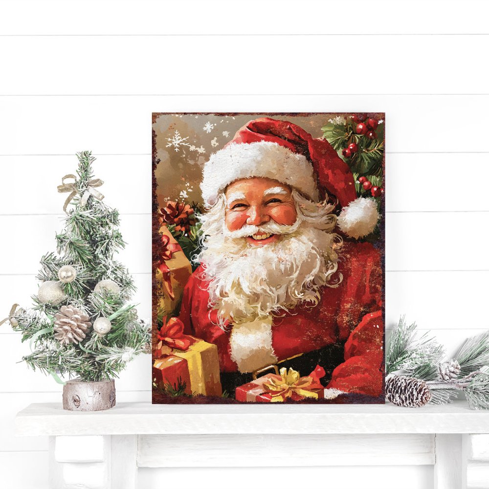 15" Red White And Green Wood Christmas Santa Tabletop Sign