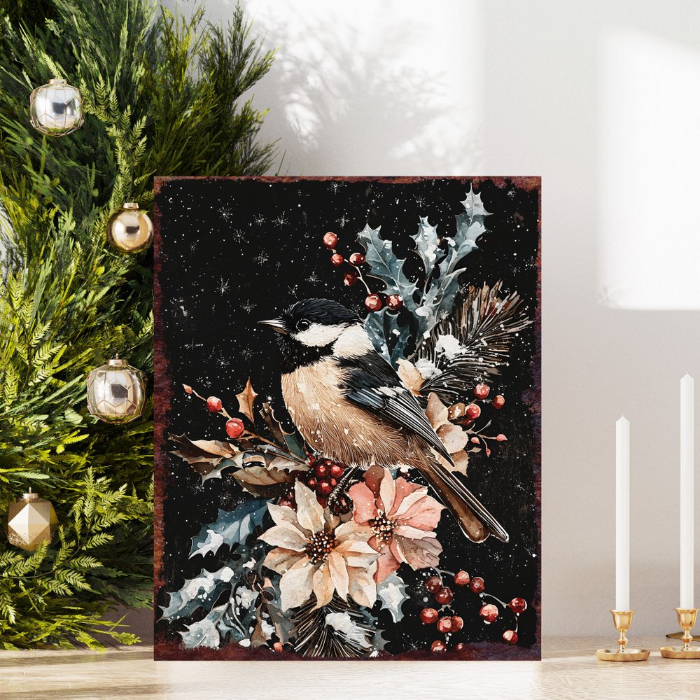 15" Red White And Green Wood Bird Flowers Christmas Tabletop Sign