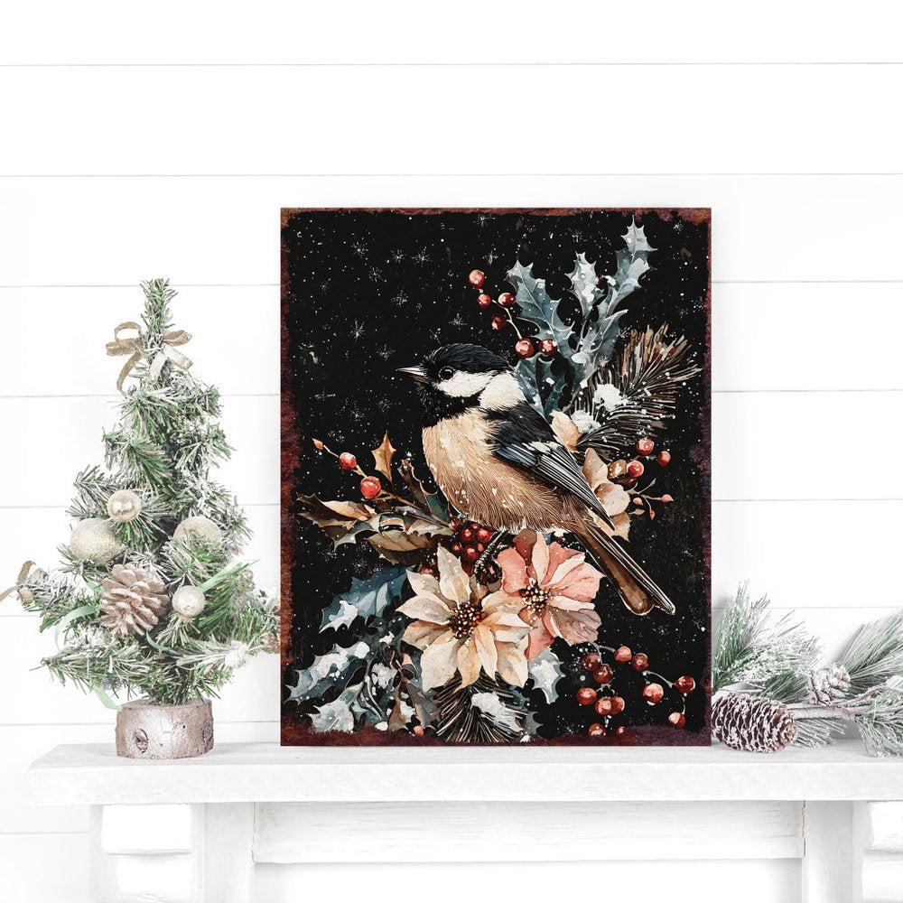 15" Red White And Green Wood Bird Flowers Christmas Tabletop Sign