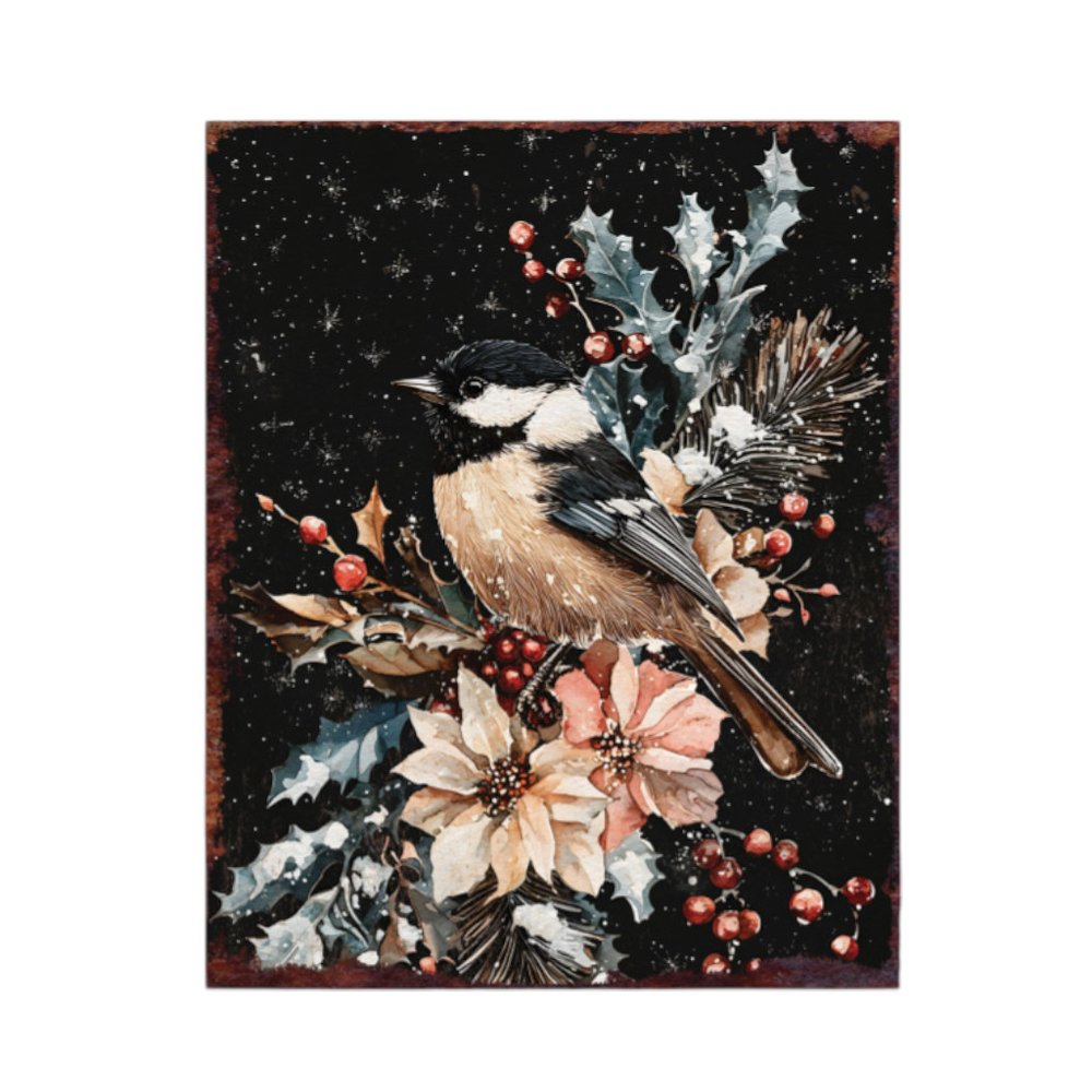 15" Red White And Green Wood Bird Flowers Christmas Tabletop Sign