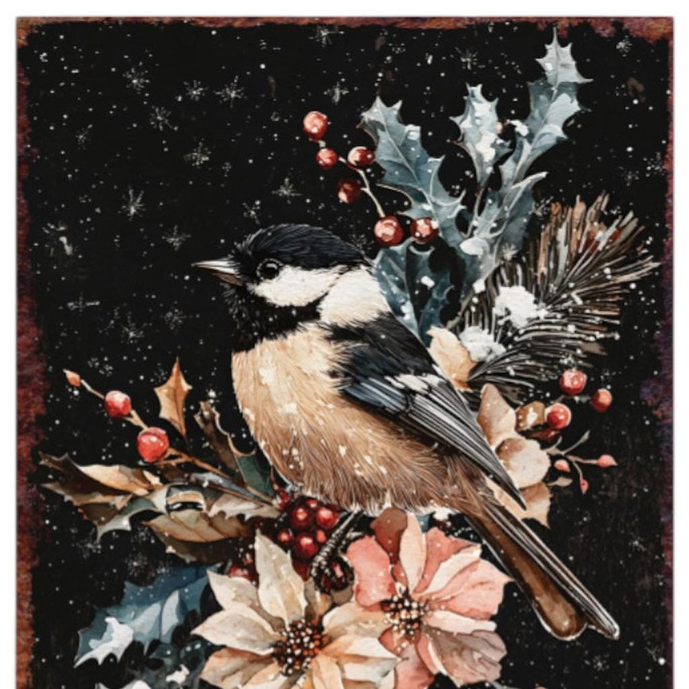 15" Red White And Green Wood Bird Flowers Christmas Tabletop Sign