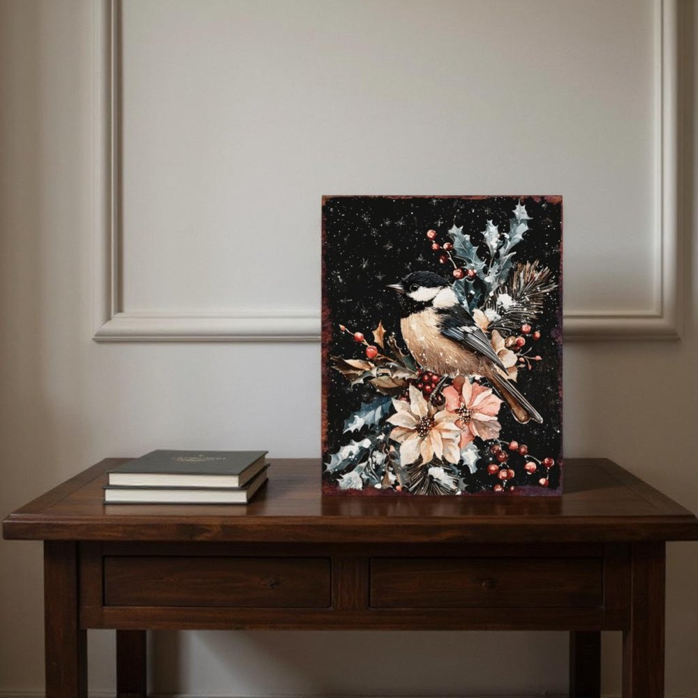 15" Red White And Green Wood Bird Flowers Christmas Tabletop Sign