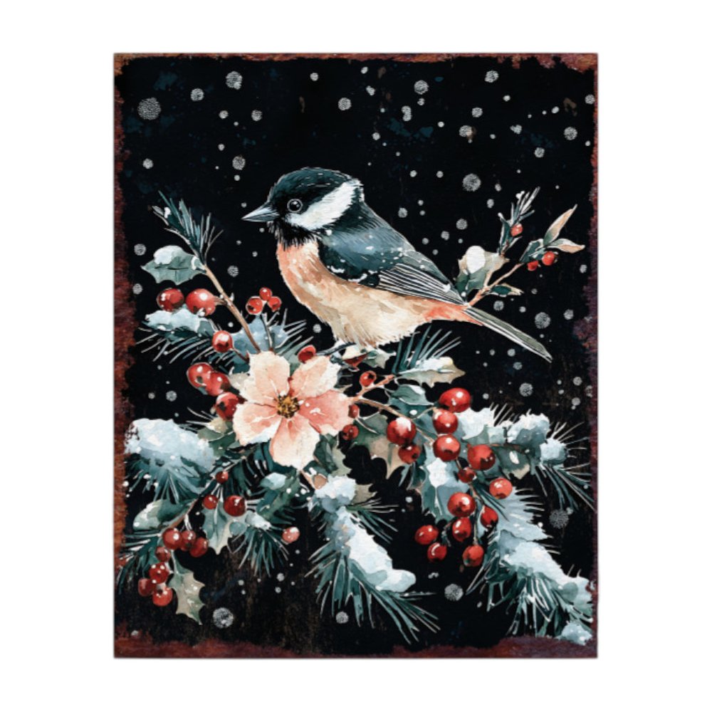 15" Red White And Green Wood Bird Flowers Christmas Tabletop Sign