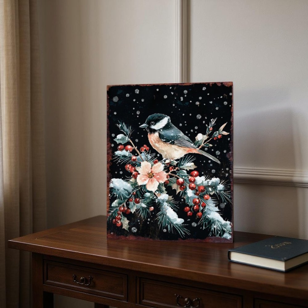 15" Red White And Green Wood Bird Flowers Christmas Tabletop Sign