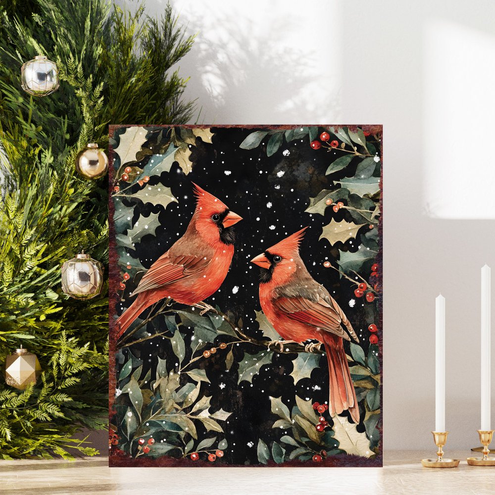 15" Red White And Green Wood Bird Christmas Tabletop Sign