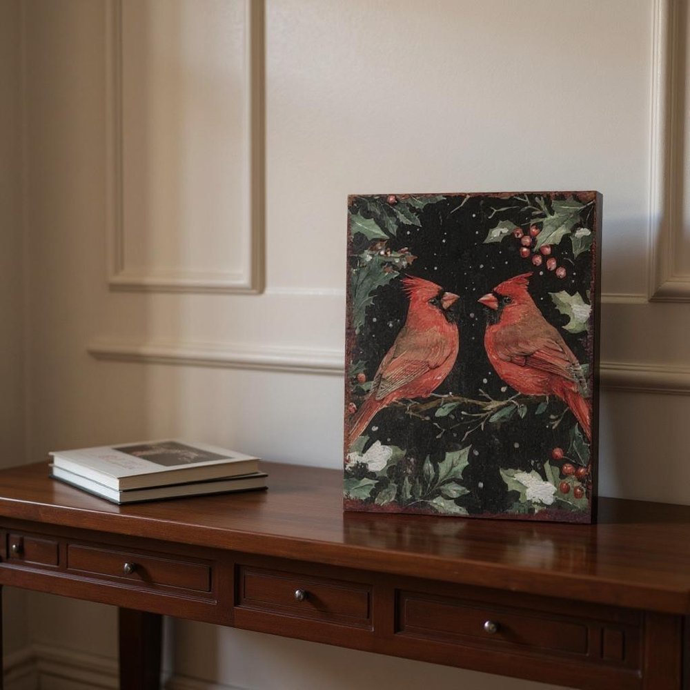 15" Red White And Green Wood Bird Christmas Tabletop Sign