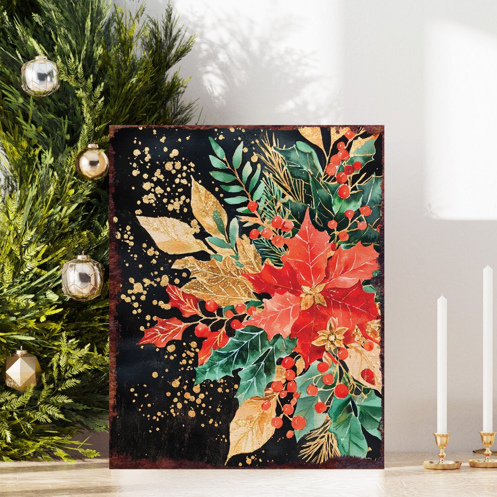 15" Red White And Green Wood Flowers Christmas Tabletop Sign