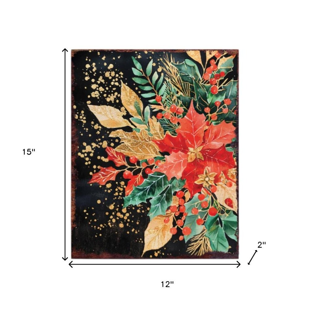 15" Red White And Green Wood Flowers Christmas Tabletop Sign