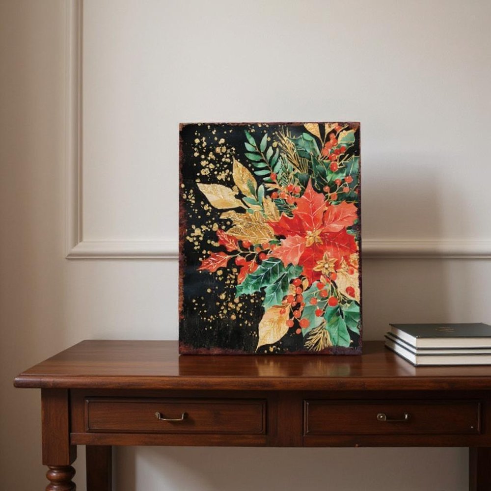 15" Red White And Green Wood Flowers Christmas Tabletop Sign