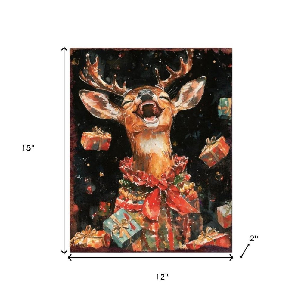 15" Red White And Green Wood Deer Christmas Tabletop Sign