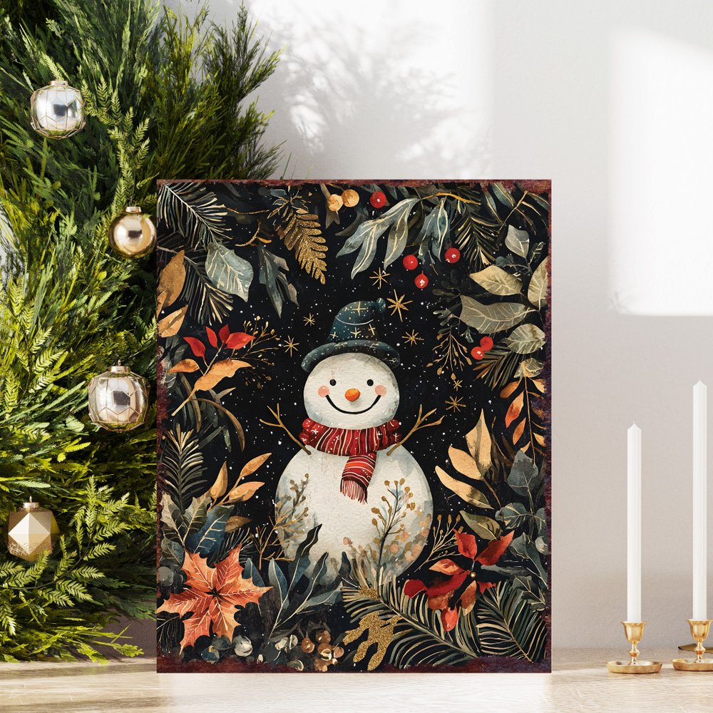 15" Red White And Green Wood Flowers Christmas Snowman Tabletop Sign