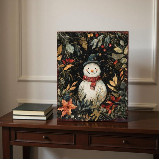 15" Red White And Green Wood Flowers Christmas Snowman Tabletop Sign