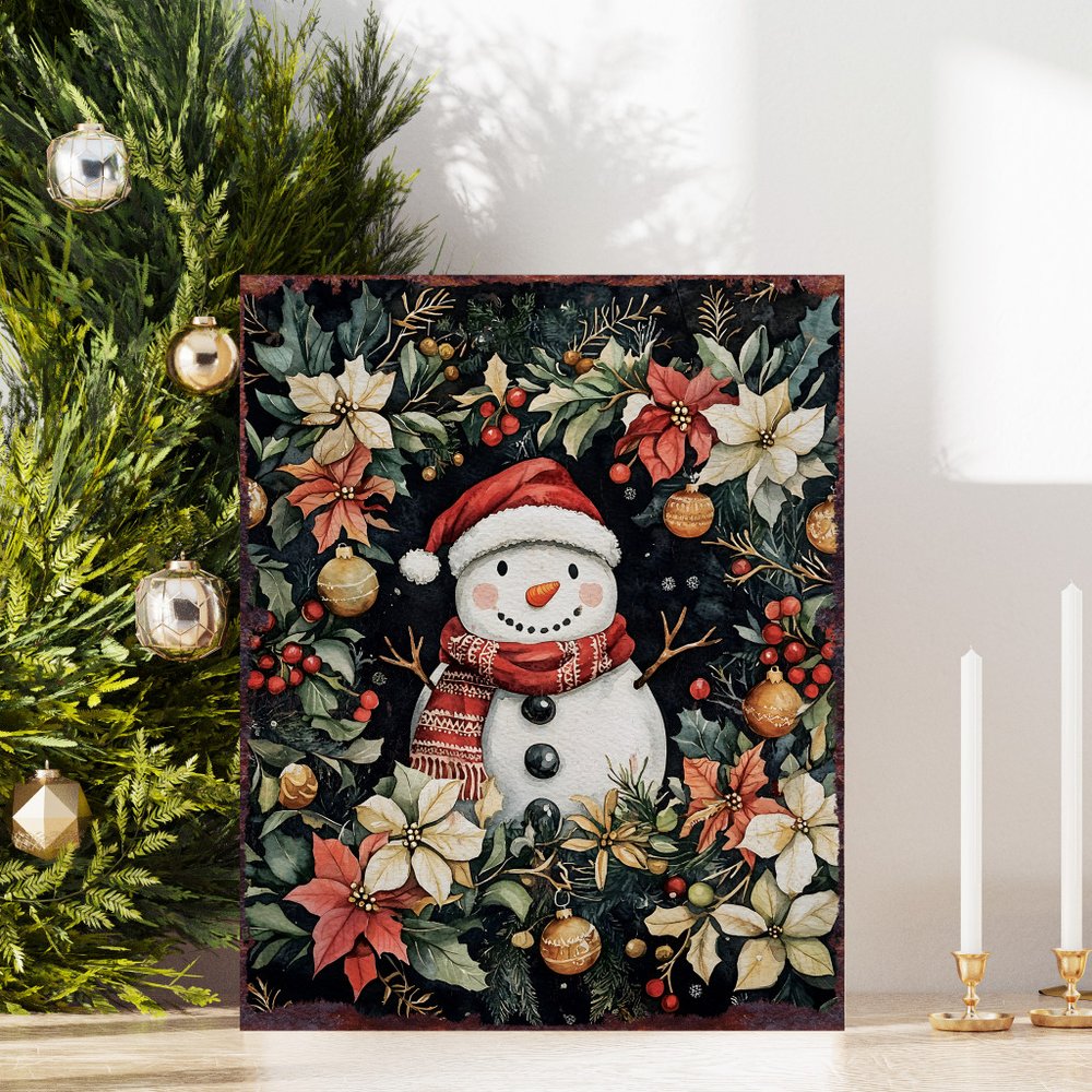 15" Red White And Green Wood Leaf Christmas Snowman Tabletop Sign