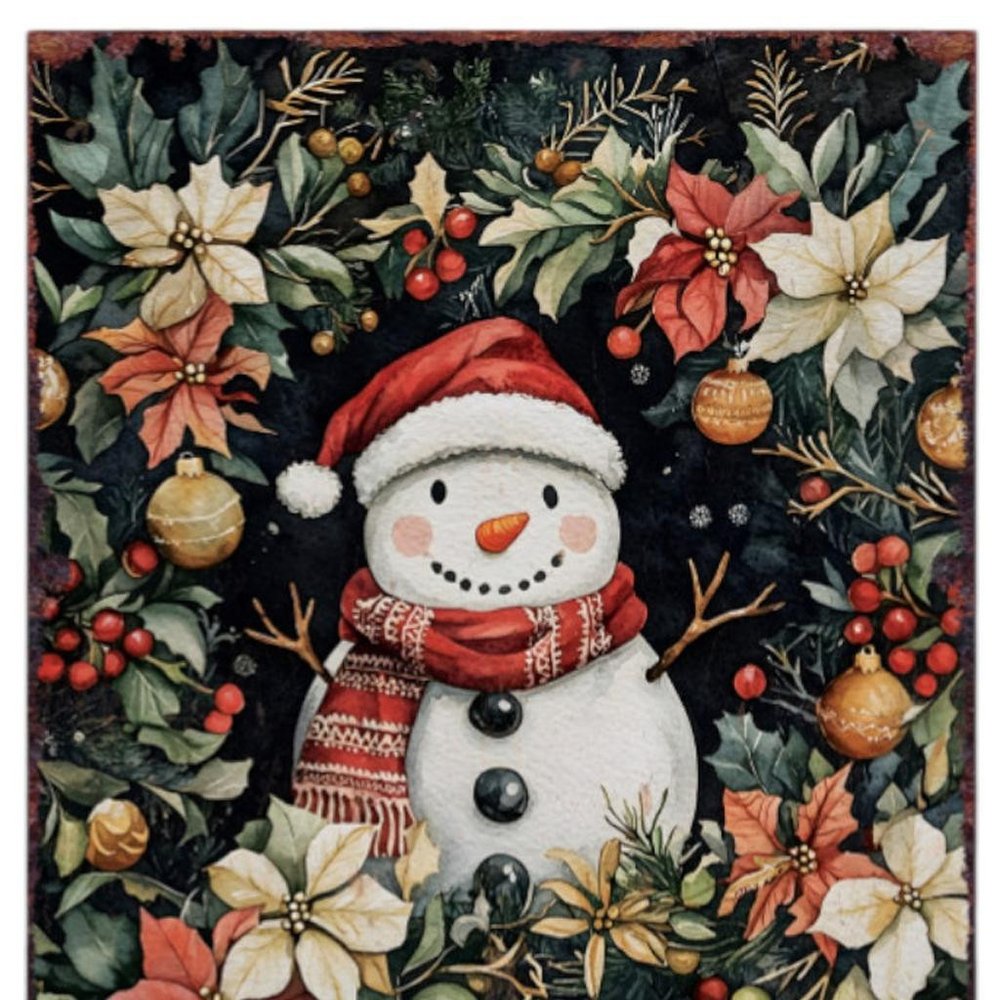 15" Red White And Green Wood Leaf Christmas Snowman Tabletop Sign