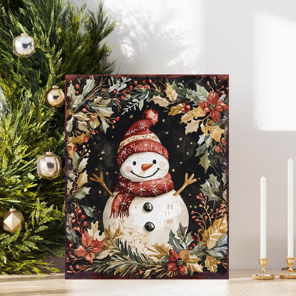 15" Red White And Green Wood Leaf Christmas Snowman Tabletop Sign