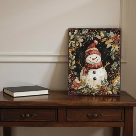 15" Red White And Green Wood Leaf Christmas Snowman Tabletop Sign