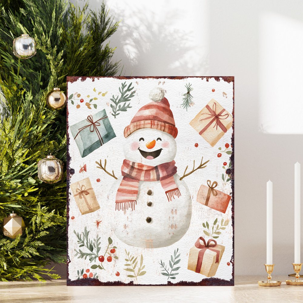 15" Red White And Green Wood Leaf Christmas Snowman Tabletop Sign