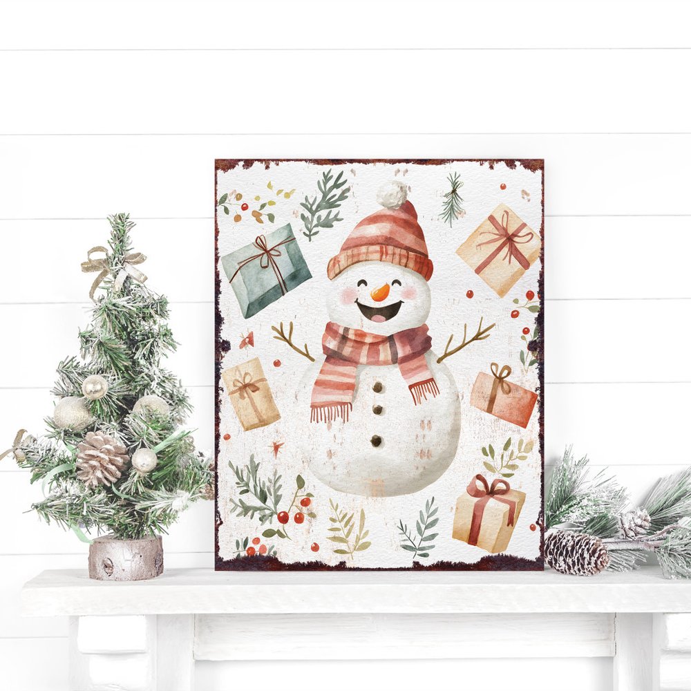 15" Red White And Green Wood Leaf Christmas Snowman Tabletop Sign
