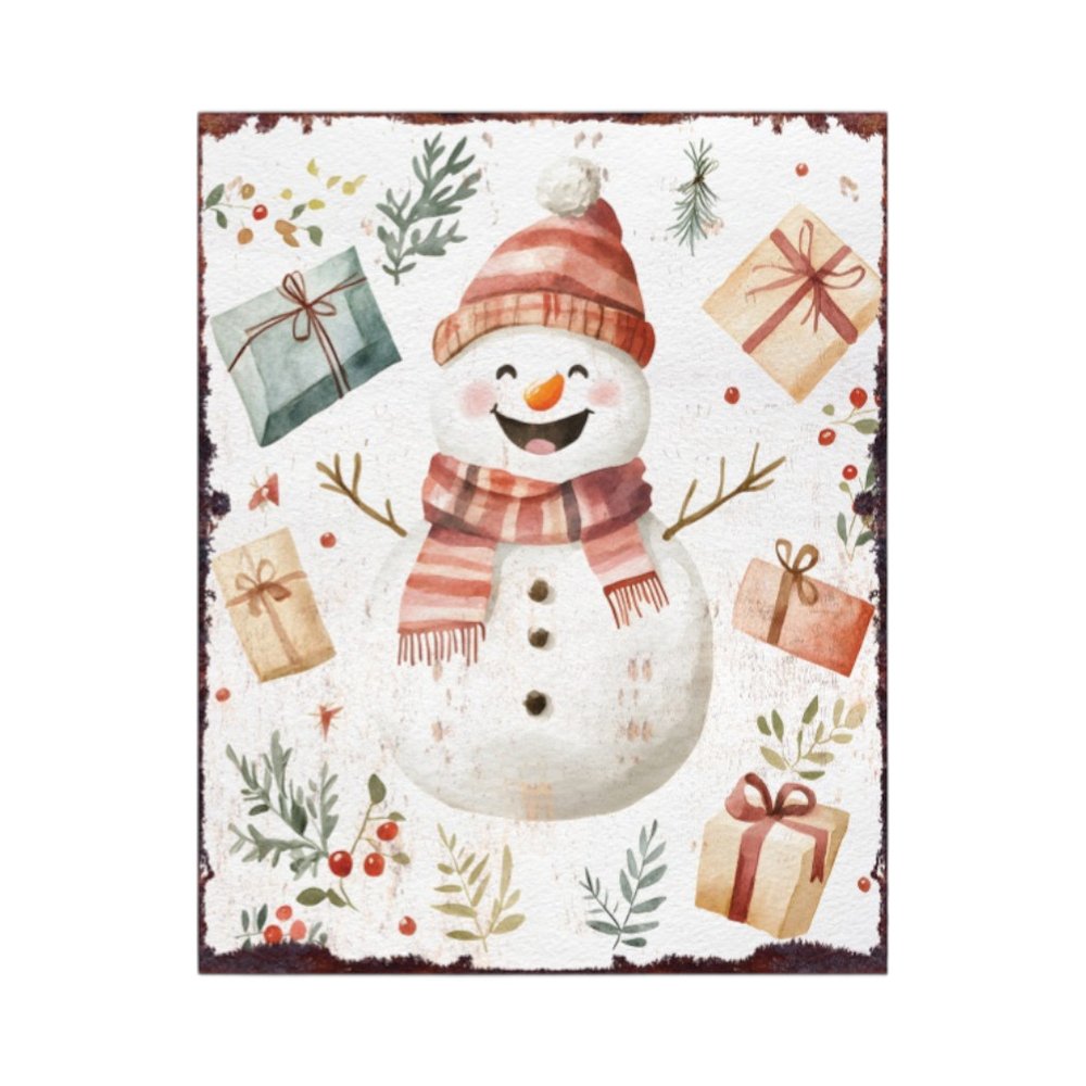 15" Red White And Green Wood Leaf Christmas Snowman Tabletop Sign