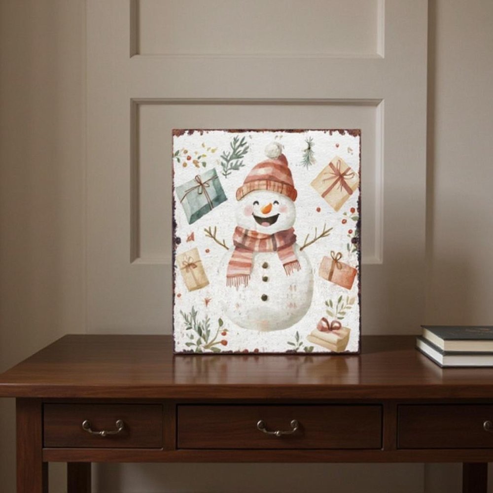 15" Red White And Green Wood Leaf Christmas Snowman Tabletop Sign