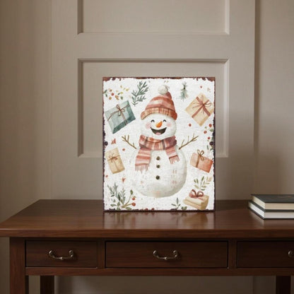 15" Red White And Green Wood Leaf Christmas Snowman Tabletop Sign