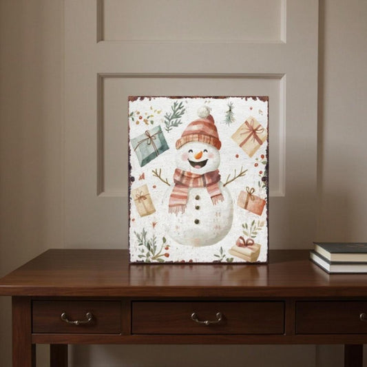 15" Red White And Green Wood Leaf Christmas Snowman Tabletop Sign