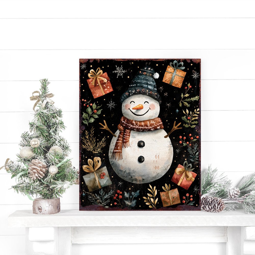 15" Red White And Green Wood Leaf Christmas Snowman Tabletop Sign