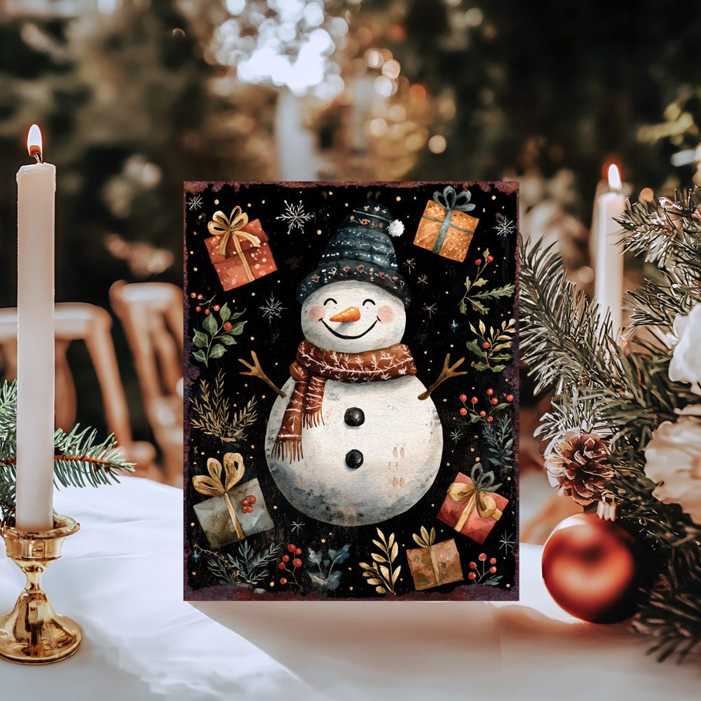 15" Red White And Green Wood Leaf Christmas Snowman Tabletop Sign