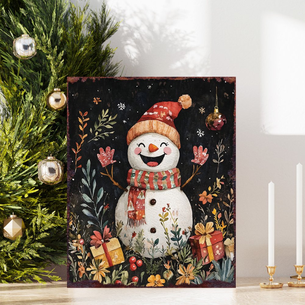 15" Red White And Green Wood Leaf Christmas Snowman Tabletop Sign