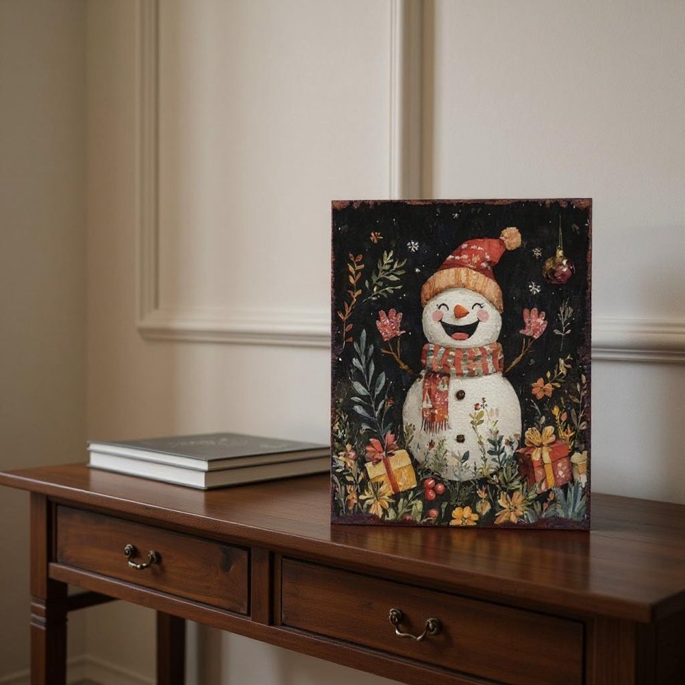 15" Red White And Green Wood Leaf Christmas Snowman Tabletop Sign