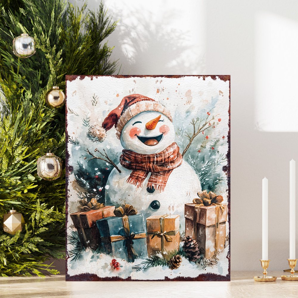 15" Red White And Green Wood Christmas Snowman Tabletop Sign