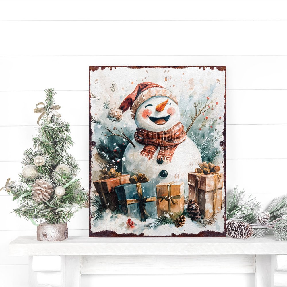 15" Red White And Green Wood Christmas Snowman Tabletop Sign