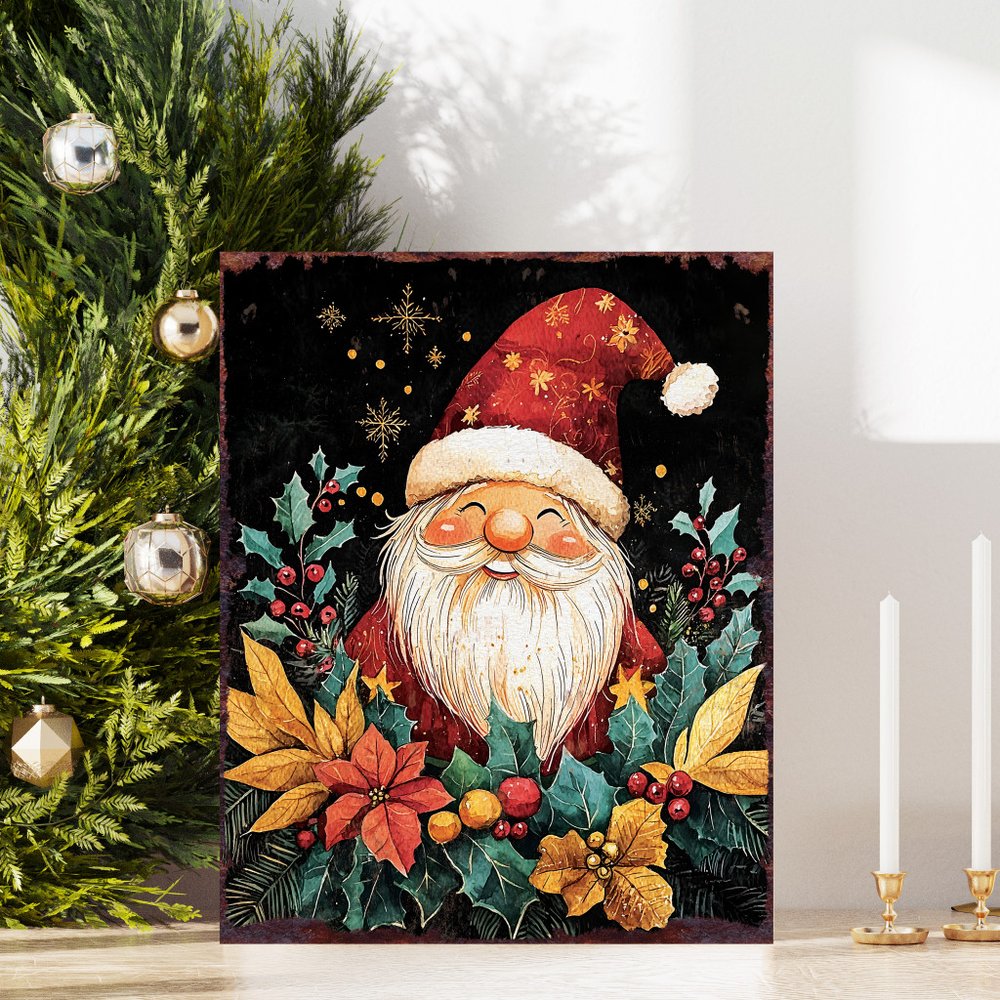 15" Red White And Green Wood Flowers Christmas Tabletop Sign