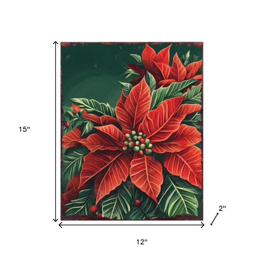 15" Red White And Green Wood Flowers Christmas Tabletop Sign