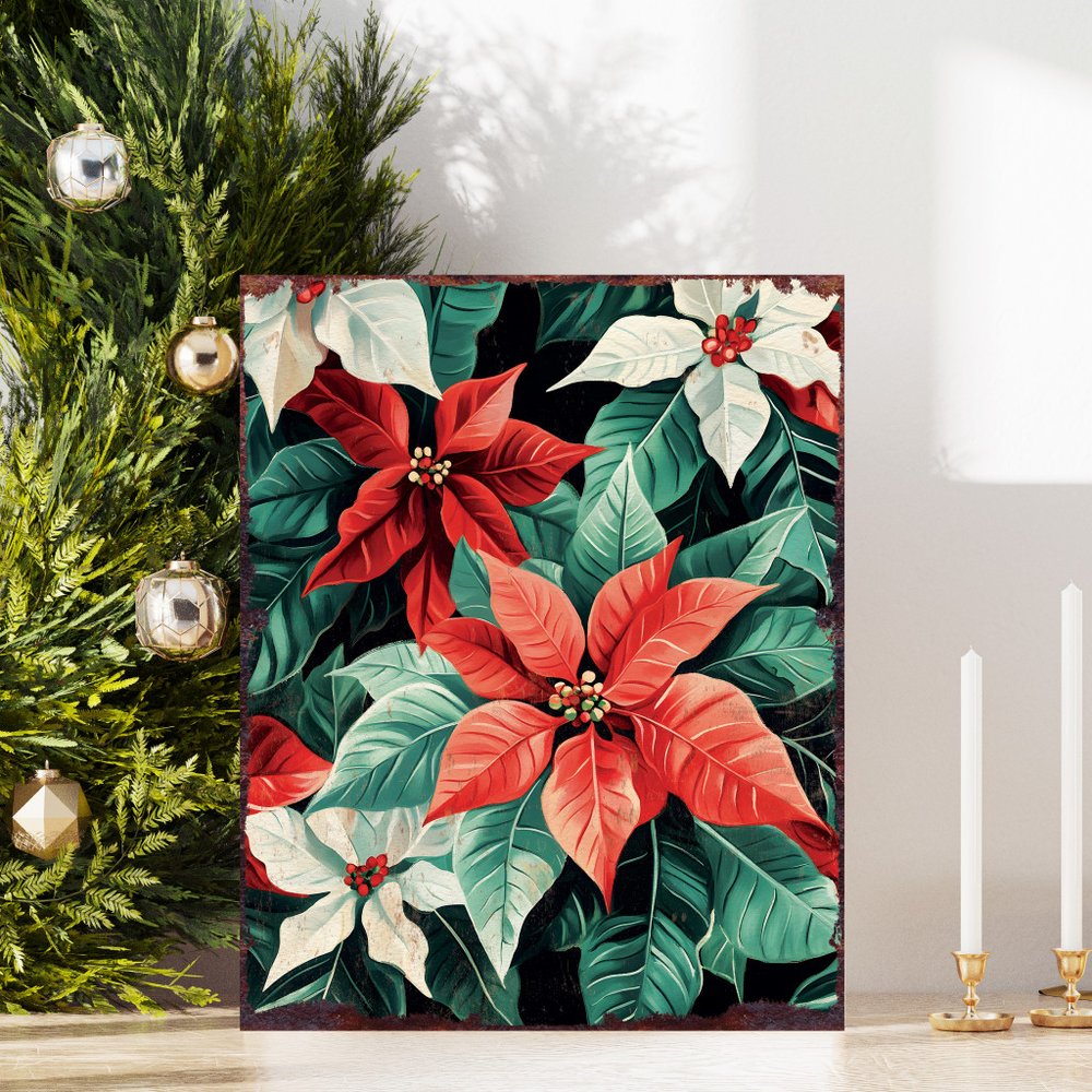 15" Red White And Green Wood Flowers Christmas Tabletop Sign