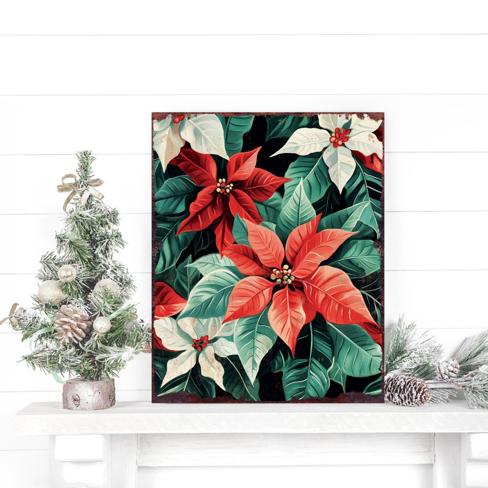15" Red White And Green Wood Flowers Christmas Tabletop Sign