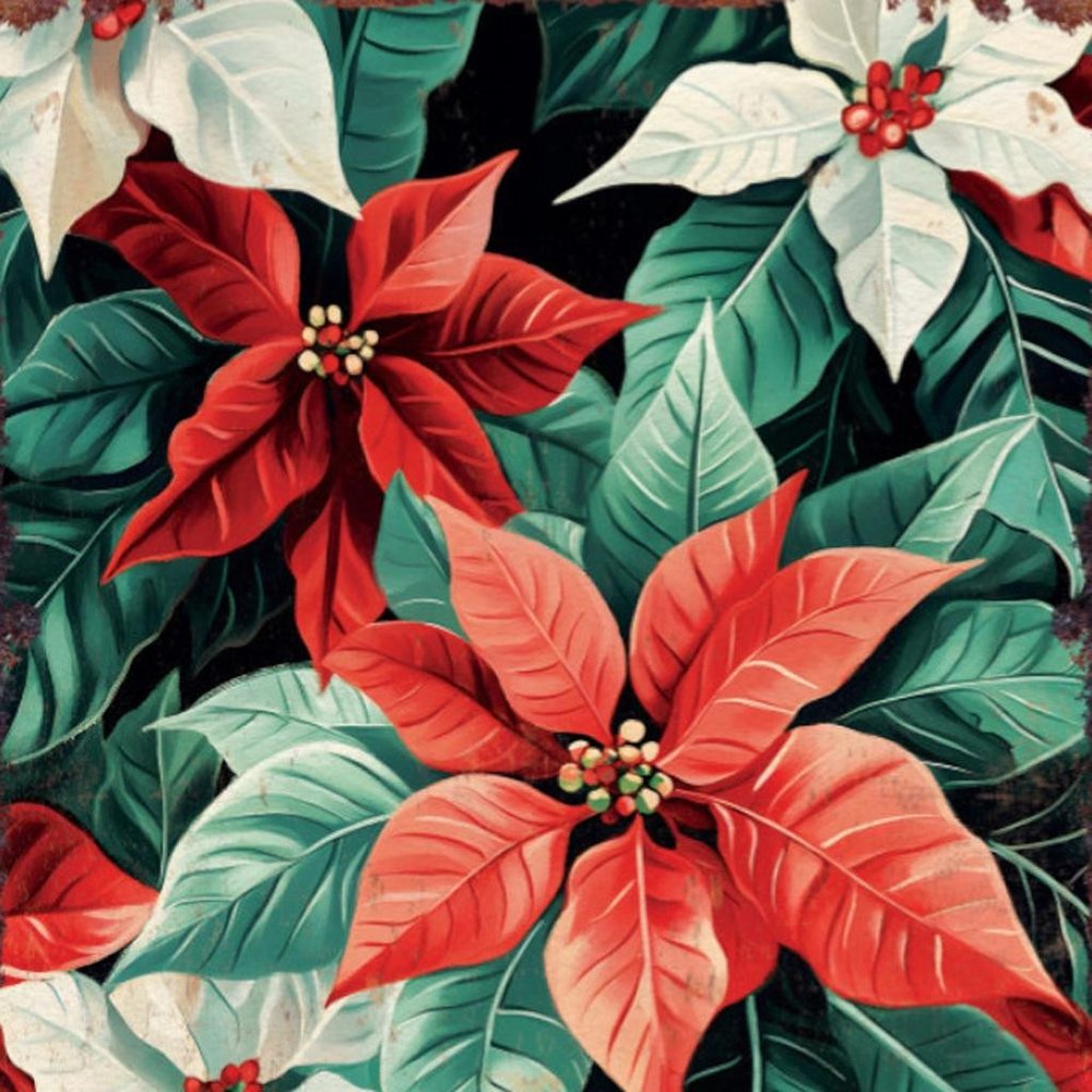 15" Red White And Green Wood Flowers Christmas Tabletop Sign