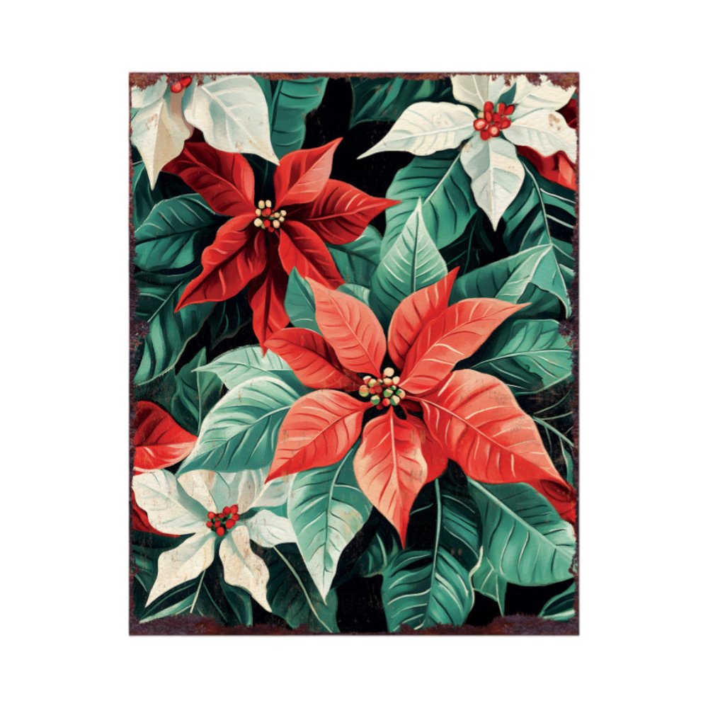 15" Red White And Green Wood Flowers Christmas Tabletop Sign