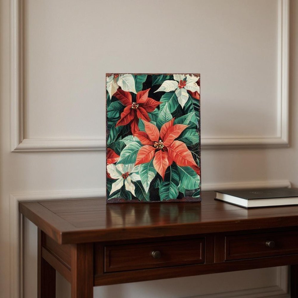 15" Red White And Green Wood Flowers Christmas Tabletop Sign
