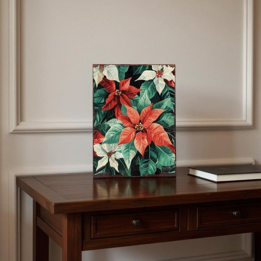 15" Red White And Green Wood Flowers Christmas Tabletop Sign