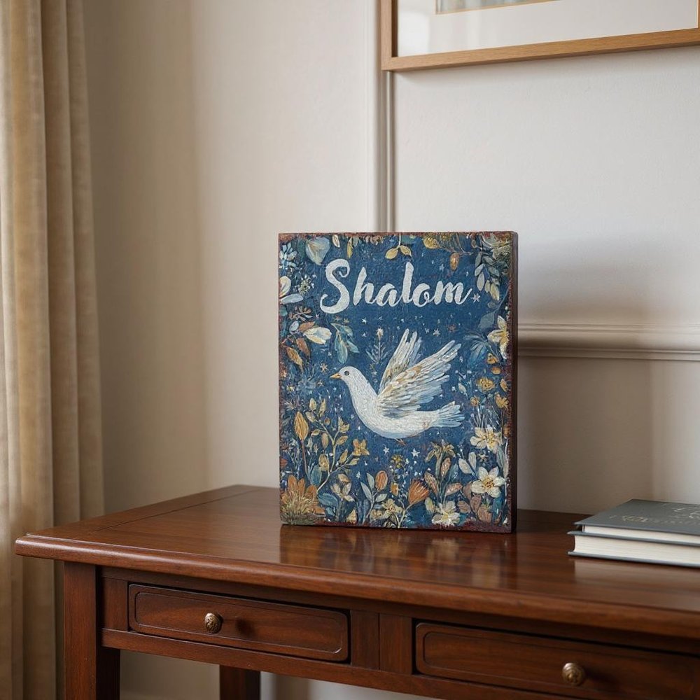 15" Blue Wood Pigeon Hanukkah Tabletop Sign